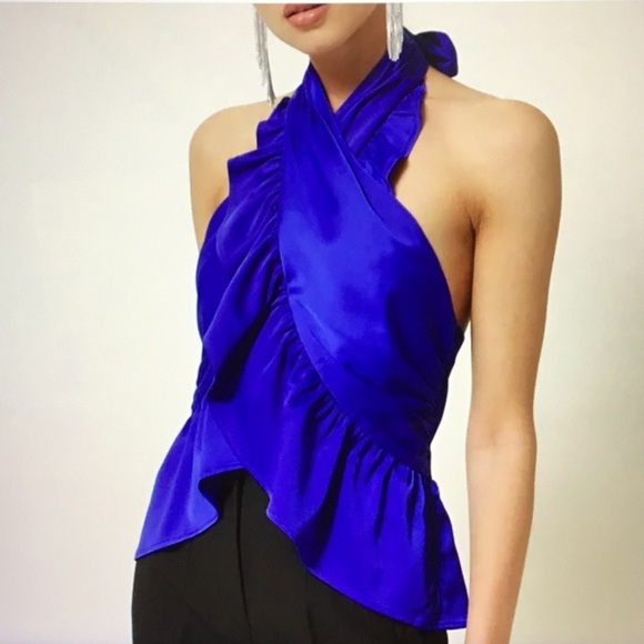 Line & Dot Blue Satin Halter Ruffle Peplum Wrap Going Out Top S NWT - Picture 15 of 16